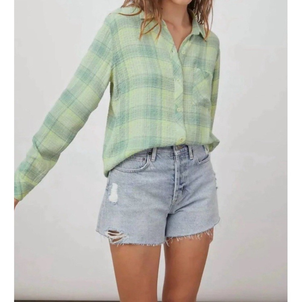 Rails M Brady Shirt Sage Lemon Green Seersucker Gauze Button Granola Girl Plaid